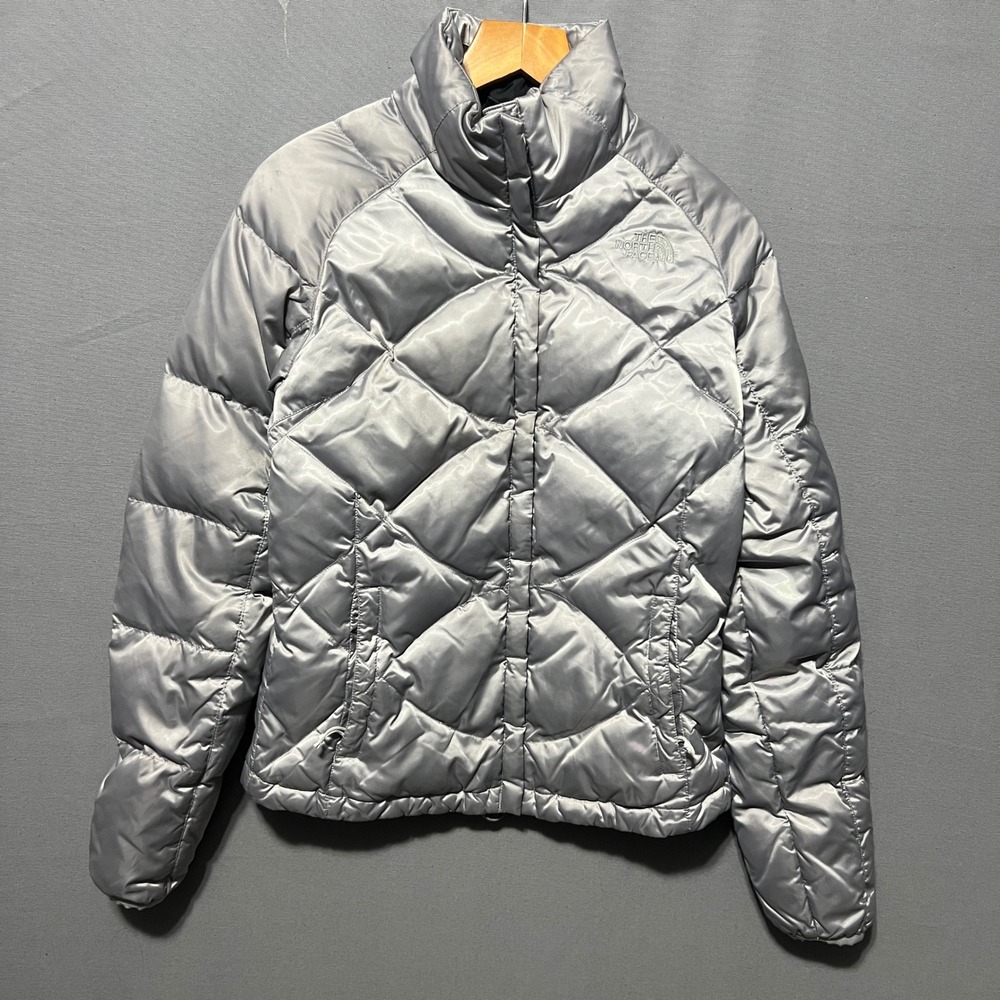 The North Face 550 Down Puffer Jacket Silver Grey Quilted Diamond Womens XS F12